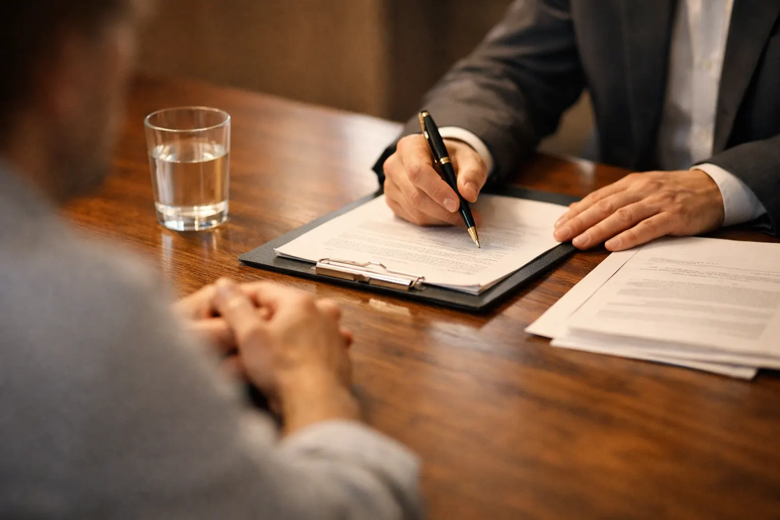 Attorney taking notes during a consultation across a wooden table