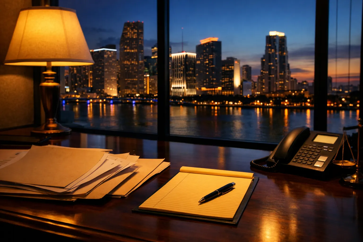 Lawyer's desk with case files and a legal pad at dusk, Miami skyline in the window